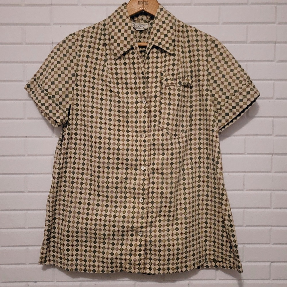 Vintage 1960s Chas L Lewis Maternity Top Geometric Cotton Back‎ Pleat Shirt